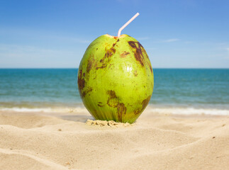 Green Coconut on the sand beach. Tropical beach background.