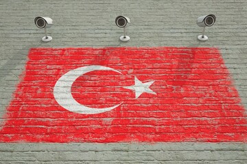 Brick wall with printed national flag of Turkey and CCTV cameras. Surveillance system conceptual 3D rendering