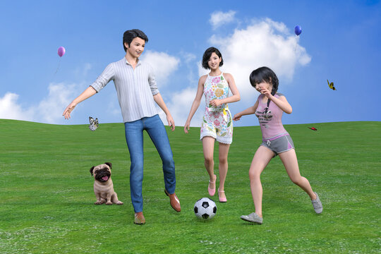 青空の下の芝生でお父さんとお母さんと娘と犬のパグが楽しくサッカーボールを蹴って遊んでいる