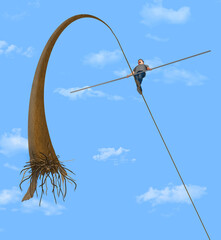 A tight rope walker is seen overhead and his high wire has snapped making his future uncertain. This is a 3-D illustration.