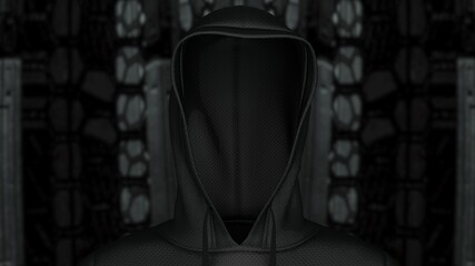 Anonymous hacker with black leather hoodie in shadow under spaceship inside background. Dangerous criminal concept image. 3D CG. 3D illustration. 3D high quality rendering.