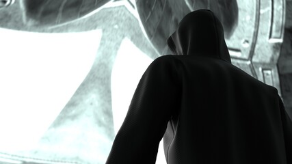 Anonymous hacker with black leather hoodie in shadow under spaceship inside background. Dangerous criminal concept image. 3D CG. 3D illustration. 3D high quality rendering.