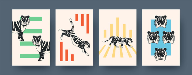 Set of contemporary art posters with tiger theme. Vector illustration. .Collection of running, sitting, lying tiger in flat design. Africa, animal, wildlife, cat, jungle concept for media design