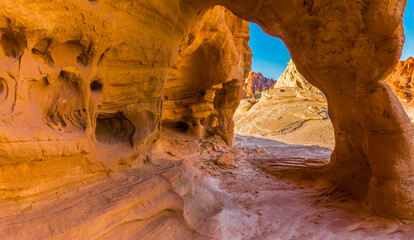 Arches and Potholes Formed by Erosion In The Slick Rock Formations of Fire Valley, Valley of Fire State Park, Nevada, USA