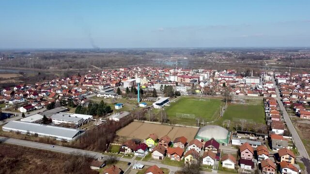 Aerial drone view of Bosanski Samac, town and municipality in north Bosnia and Herzegovina. Panoramic view.