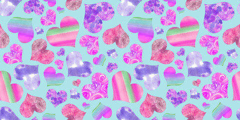 Seamless Pattern of colored rainbow Hearts painted in watercolor on a blue Background. Pink, green, violet, purple and orange multicolored gradient Heart. Background of Hearts for packaging, textiles
