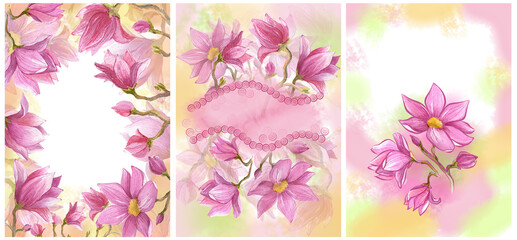 A set of Watercolor Postcards with the image of four branches of blooming pink Flowers Magnolias for congratulations to a loved one or a girl. Magnolia Flower element for making greeting Card or