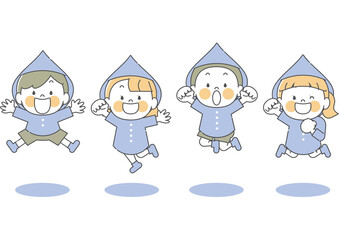 合羽でジャンプする子供たち