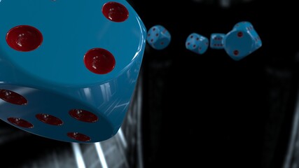 Rolling blue-red dices under spaceship inside background. 3D CG. 3D illustration. 3D high quality rendering.