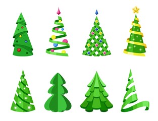 Christmas trees icons set. Various colorful green Christmas trees with snow and decorations, pines and coniferous trees. Collection of Christmas and New Year symbols. Isolated. Vector illustration