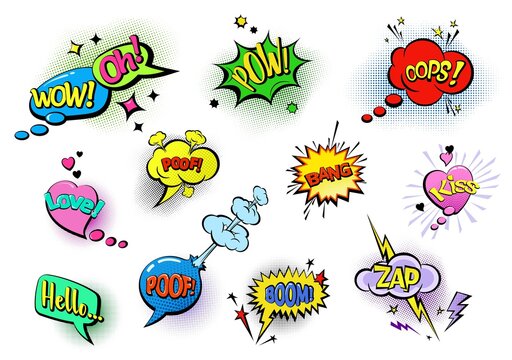 Comic colored speech bubbles with text. Sound emotes and comics cues. Sound effects in pop art style. Set of cartoon dialog clouds with Halftone Dot background. Isolated. Vector illustration