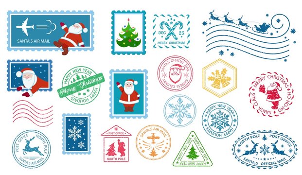 Merry Christmas stamp and postmarks. Santa Claus postage stamps. Christmas mail. Set of different Christmas stamps. Santa's Air Mail. Isolation. Vector illustration