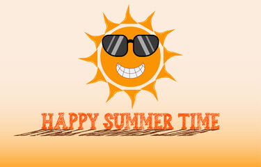 Cute cartoon sun flat style icon, on warm background with lettering, summer concept, vector illustration.