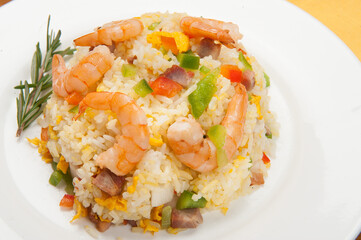 Spicy rice with shrimp at a Korean restaurant.