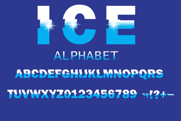 Ice alphabet in realistic style on blue background. Vector illustration. Stock image.