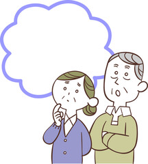 考えるシニア夫婦と空欄の吹き出し
