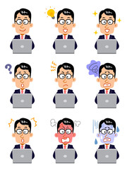 ノートパソコンを操作するスーツ姿の男性の9種類の表情
