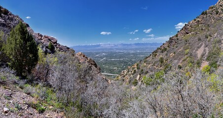 Wasatch Front Mount Olympus Peak hiking trail inspiring views in spring via Bonneville Shoreline, Rocky Mountains, Salt Lake City, Utah. United States. USA