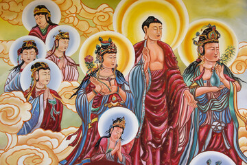 Mural at Puh Toh Tze (Poh Toh Tse, Pu Tuo Si) Chinese Buddhist temple, Kota Kinabalu, Sabah (Borneo), Malaysia