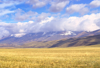 Kurai steppe in the Altai Mountains. Dry grass in the spring on the plain against the background of mountains under white clouds. Pure Nature of Siberia, Russia