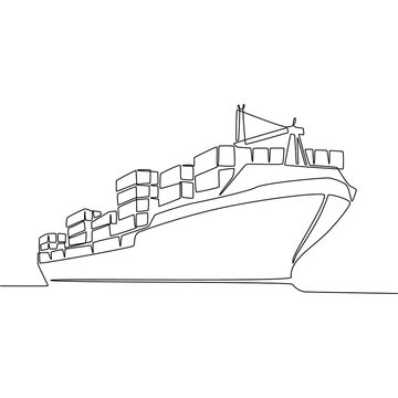 Continuous Line Drawing Of Cargo Ship Vector Illustration