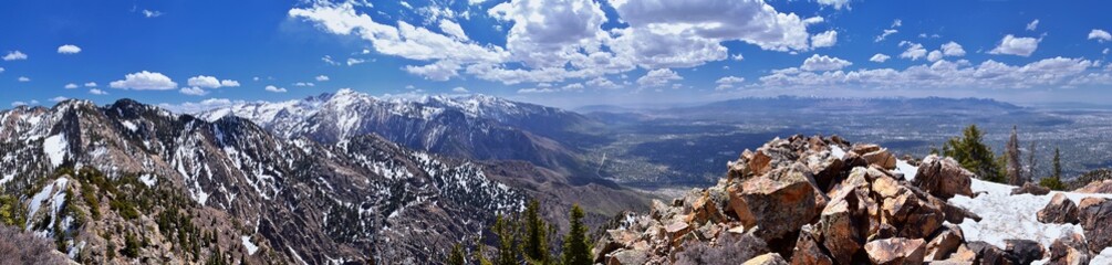 Wasatch Front Mount Olympus Peak hiking trail inspiring views in spring via Bonneville Shoreline, Rocky Mountains, Salt Lake City, Utah. United States. USA