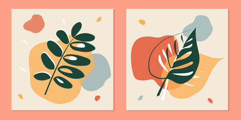A set of abstract backgrounds with autumn leaves on a background of random color spots of irregular shape. Use it for posts, postcards, prints, and as the basis for your design. Vector illustration