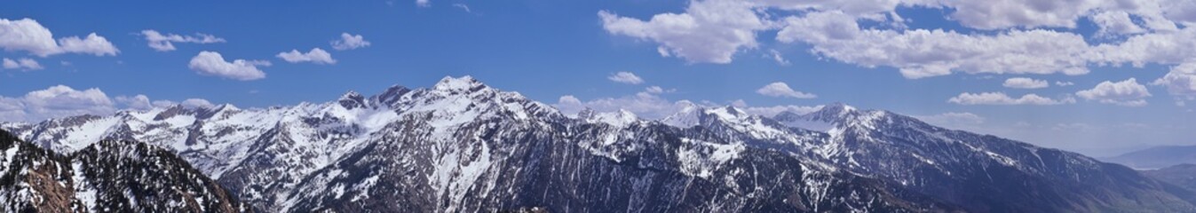 Fototapeta premium Wasatch Front Mount Olympus Peak hiking trail inspiring views in spring via Bonneville Shoreline, Rocky Mountains, Salt Lake City, Utah. United States. USA