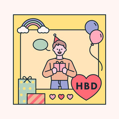 A boy having a birthday party in a frame decorated with cute icons. flat design style minimal vector illustration.