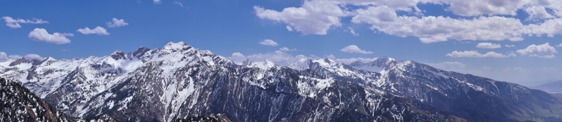 Fototapeta na wymiar Wasatch Front Mount Olympus Peak hiking trail inspiring views in spring via Bonneville Shoreline, Rocky Mountains, Salt Lake City, Utah. United States. USA