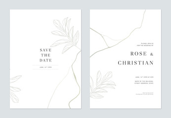 Minimalist foliage wedding invitation card template design, leaves line art ink drawing on white - 435939990