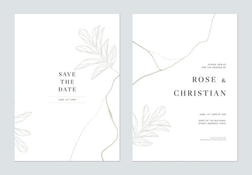 Minimalist foliage wedding invitation card template design, leaves line art ink drawing on white