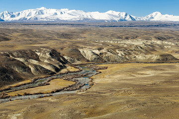 Mountains of Kyzyl-Chin and river, landscape in Altai Republic, Russia. Nature environment landmark.