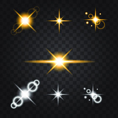 Vector illustration. Light rays Glow line bright and Gold Optical lens flare effects on transparent background. 