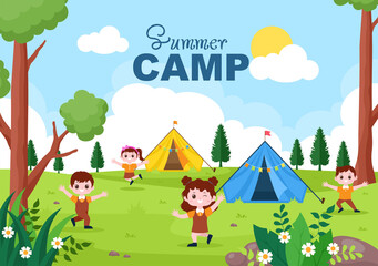 Fototapeta premium Happy Summer Camp in the Mountain for Expedition, Travel, Explore and Outdoor Recreation. Landscape Background Illustration