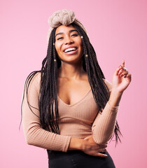 Happy Biracial Woman Posing In Front Of Pink Background