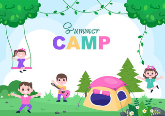 Happy Summer Camp in the Mountain for Expedition, Travel, Explore and Outdoor Recreation. Landscape Background Illustration
