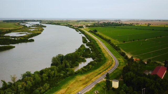 Po delta Italian river rural landscape, aerial panoramic view. Italy
