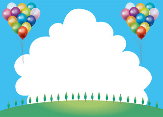 夏とハッピーなイメージのイラスト背景素材：青空とバルーン風船と大きな入道雲広大な野原　草原　山　丘