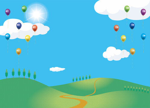 夏とハッピーなイメージのイラスト背景素材：青空とバルーン風船と広大な野原　草原　山　丘