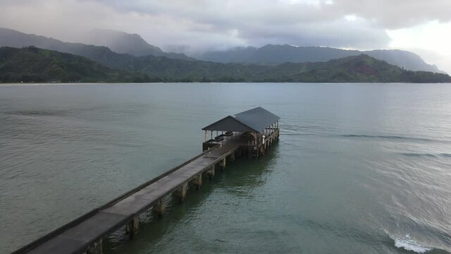 Drone Footage Hanalei Bay pier, Island of Kauai, Hawaii State, United States. Early morning, Hanalei bay pier, aerial video footage of the landscape