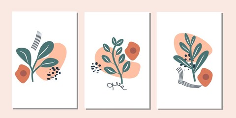 Set three pieces of florals and organic shapes wall art. Leafs wall decor. Minimalist Scandinavian bontanical flowers wall Decorations. Greetings cards, poster, wallpaper and background.