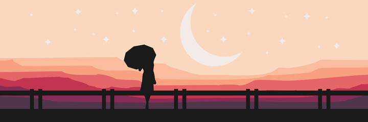 crescent moon in landscape vector illustration with a silhouette of woman for wallpaper, banner, background, tourism design and adventure banner template