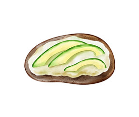 Watercolor toast with avocado and goat cheese on rye bread isolated on white background. Hand drawn illustration