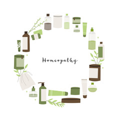 Homeopathy, naturopathy. Complementary, alternative, integrative, holistic medicine. Natural organic herb. Apothecary bottle. Vector flat cartoon illustration - obrazy, fototapety, plakaty