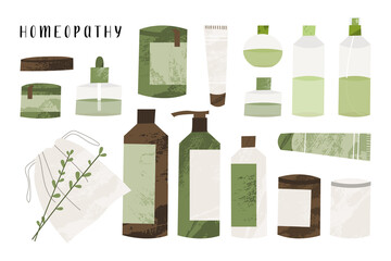 Homeopathy, naturopathy. Complementary, alternative, integrative, holistic medicine. Natural organic herb. Apothecary bottle. Vector flat cartoon illustration - 435943713