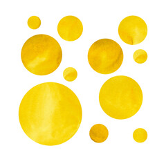 Yellow circles, brush strokes. Watercolor stains. Background image. The design elements are made by hand with brush and watercolor paints on paper.