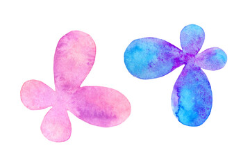 A set of two simple, multicolored abstract butterflies, painted in watercolor. Silhouette of flying insects on a white background. Cute illustration