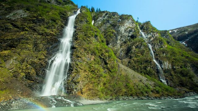 Time Lapse Lockdown Shot Of Scenic View Of Waterfall Amidst Rock Against Clear On Sunny Day - Valdez, Alaska