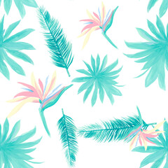 Azure Pattern Background. Blue Seamless Exotic. White Tropical Exotic. Navy Flower Art. Indigo Floral Design. Wallpaper Leaves. Decoration Leaves.